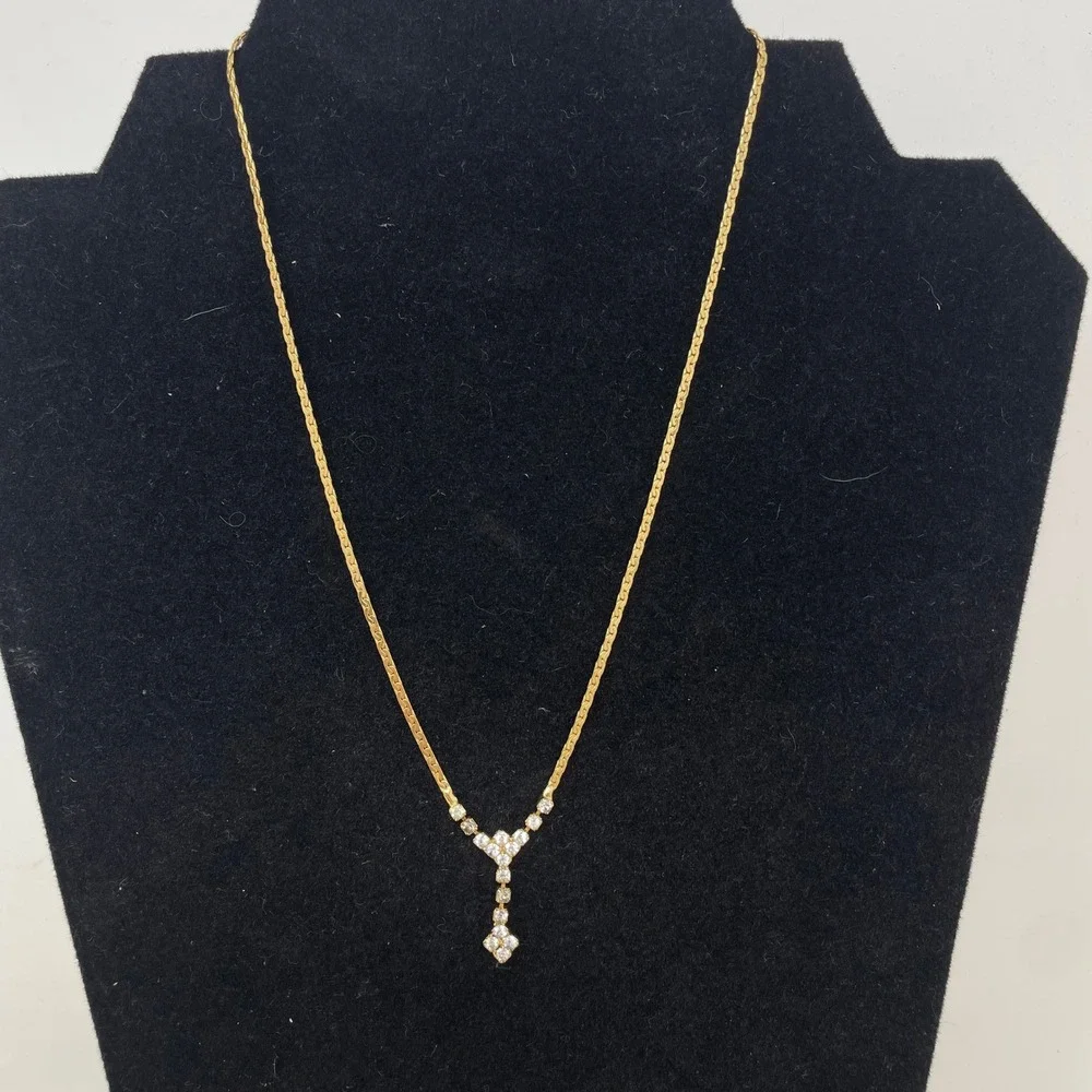 Vintage 18K Gold Filled Y-Drop Crystal Necklace Flat S-Link Chain 16 Inch
